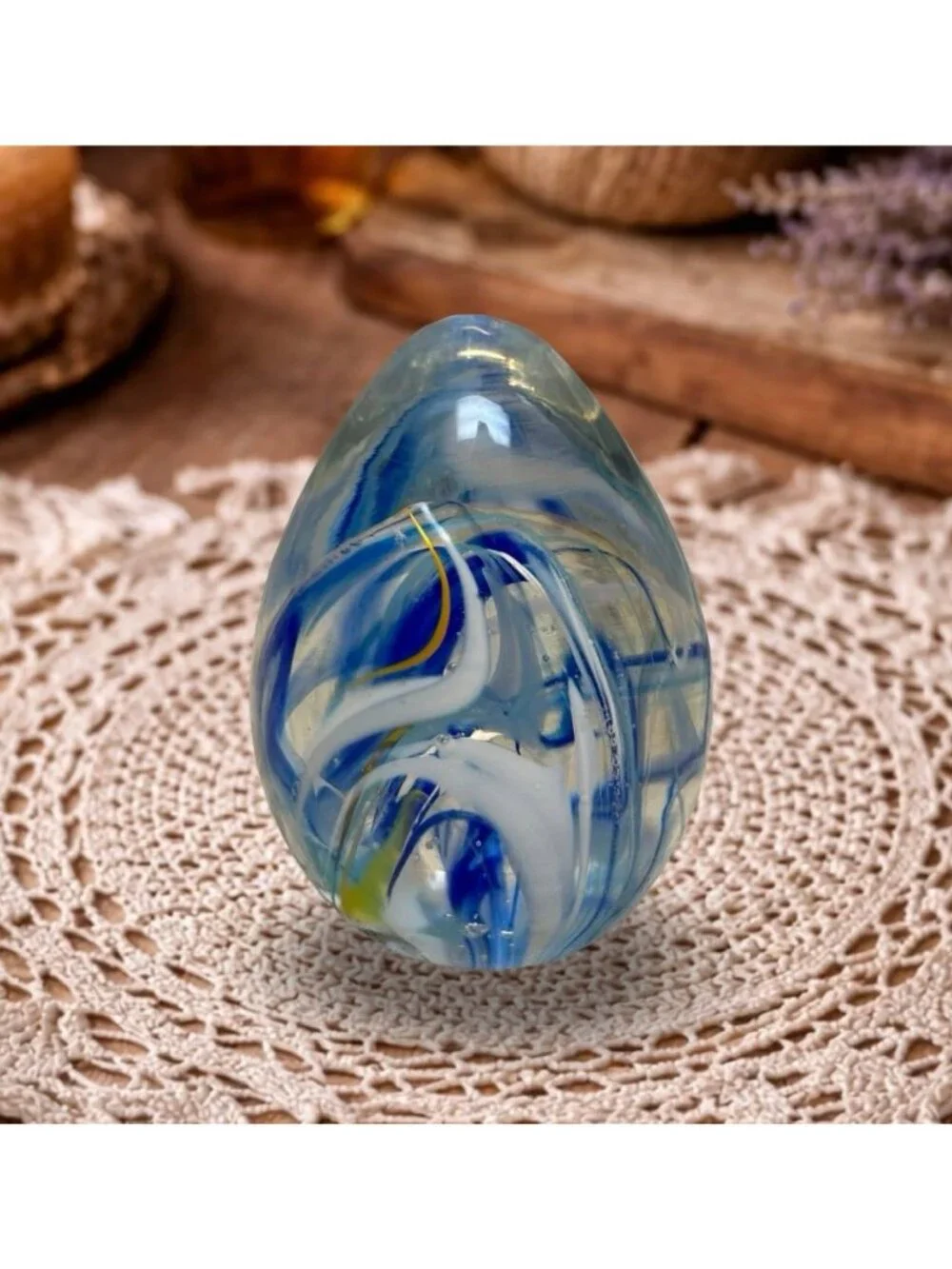 Wheaton Arts Village Egg Paperweight Blue White Ribbon Swirl